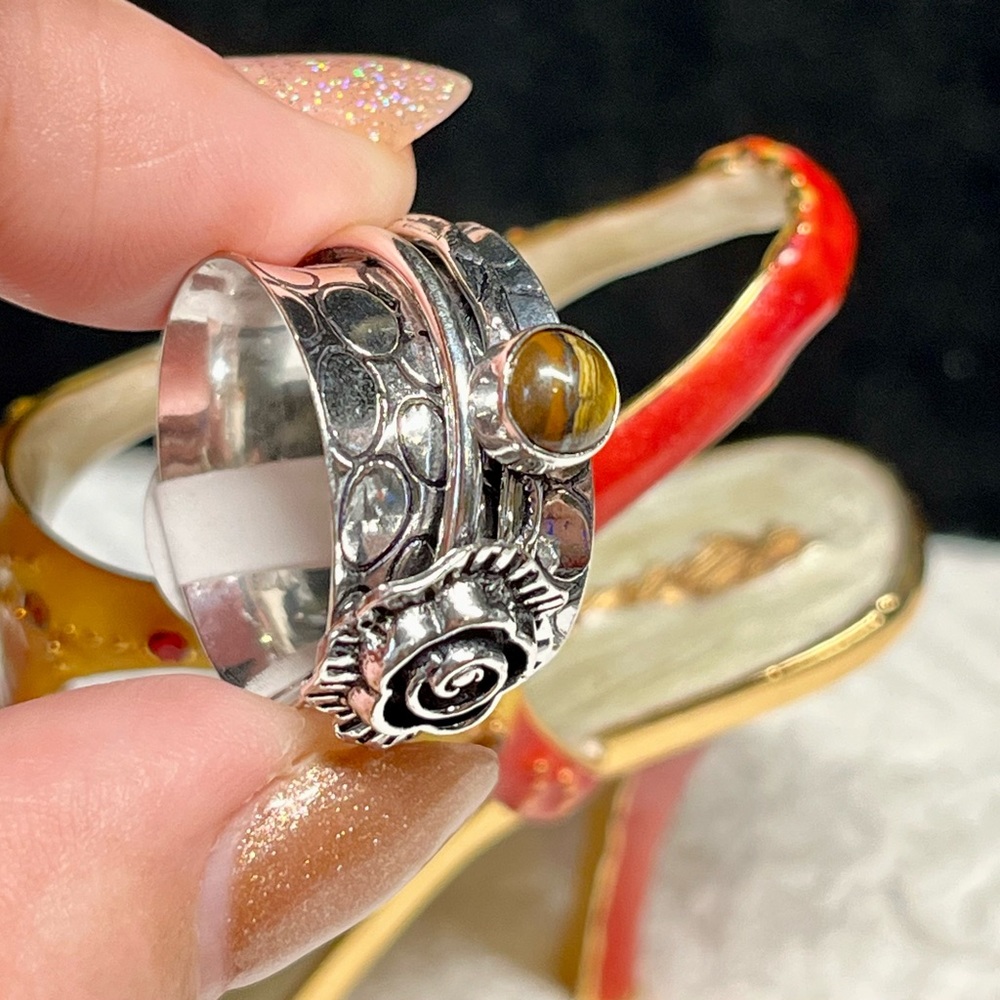 🐅tiger eye-Sterling silver wide BAND “fidget” spinner ring NWT